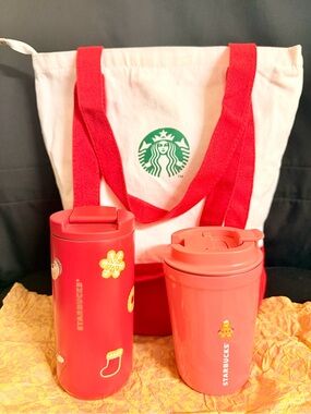 Starbucks Holiday Tumblers & Starbucks Canvas Tote Bag with zipper